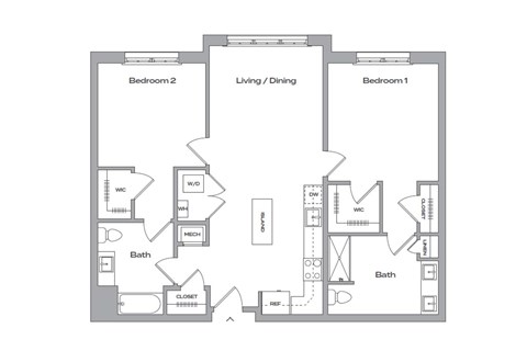 Floor plan for 2 beds, 2 baths, 1127 sqft